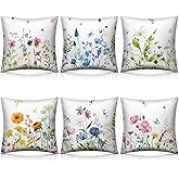 Preboun 6 Pcs Wildflowers Spring Throw Pillow Covers Set Inch Flower Floral Pillow Covers Cushion Cases Pillowcase for Living Room Sofa Couch Bed Car Home Decor(18 x 18 Inch)