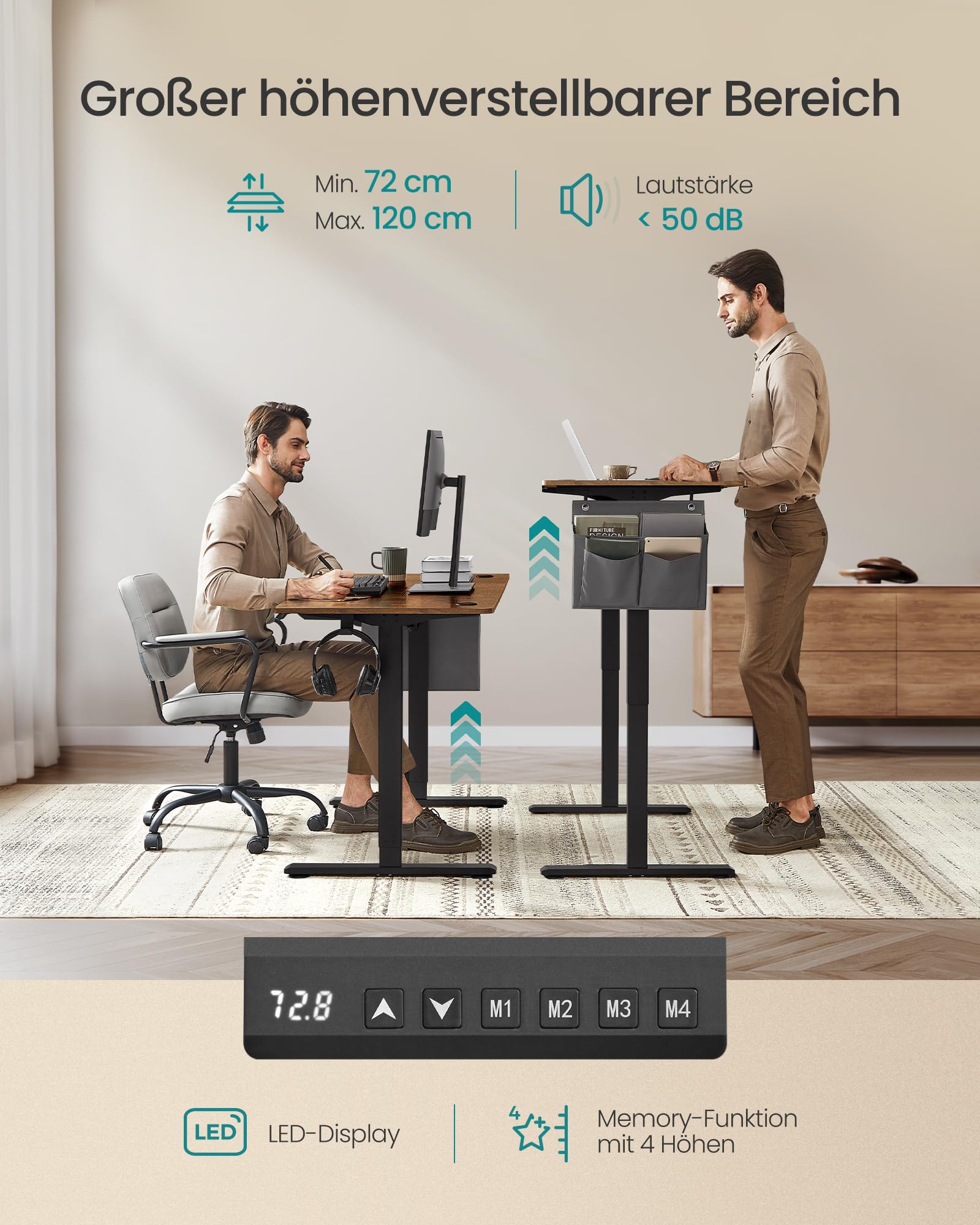 SONGMICS Höhenverstellbarer Schreibtisch elektrisch, 120 x 60 cm, Verstellbarer Tisch, Memory-Funktion für 4 Höhen, für Büro, vintagebraun LSD132K01 4