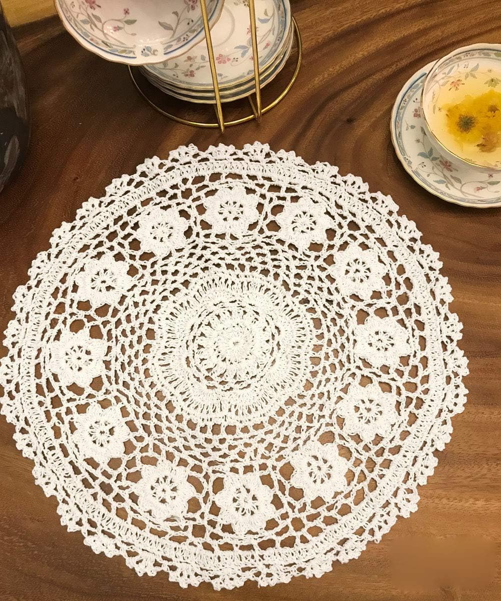 Janef White Handmade Crochet Doilies Cotton Table mats Lace Doilies Doily Round Lace Placemats Crochet Placemat 12 Inches 2pc