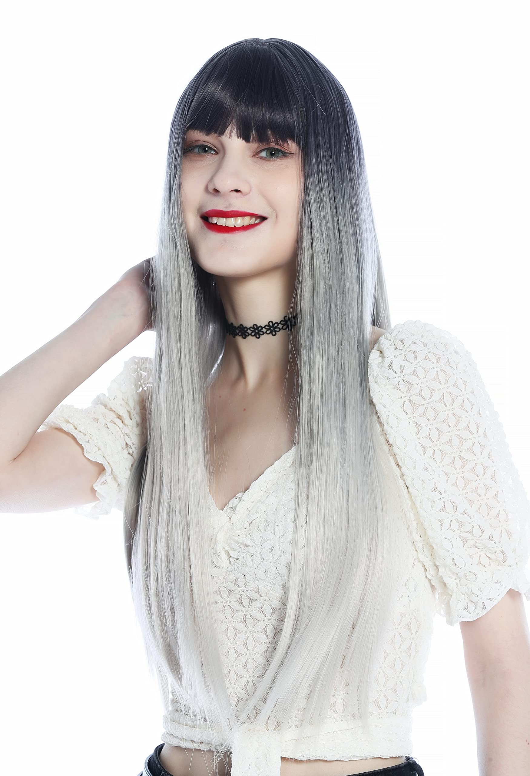 WIG ME UP - SZL0807B-T-001 Women's Wig long sleek straight bangs ombre black-ish purple to silvery blond.