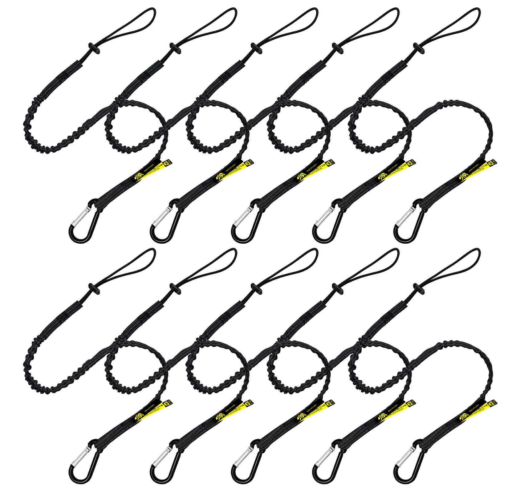 BearTOOLS Tool Lanyard with Standard Spring Carabiner and Adjustable Loop End, 90cm Length, Maximum Weight Limit 8KG / 17.6lb, Fall Restraint with Shock Cord Stopper, 10 Pack (Black 0919S)