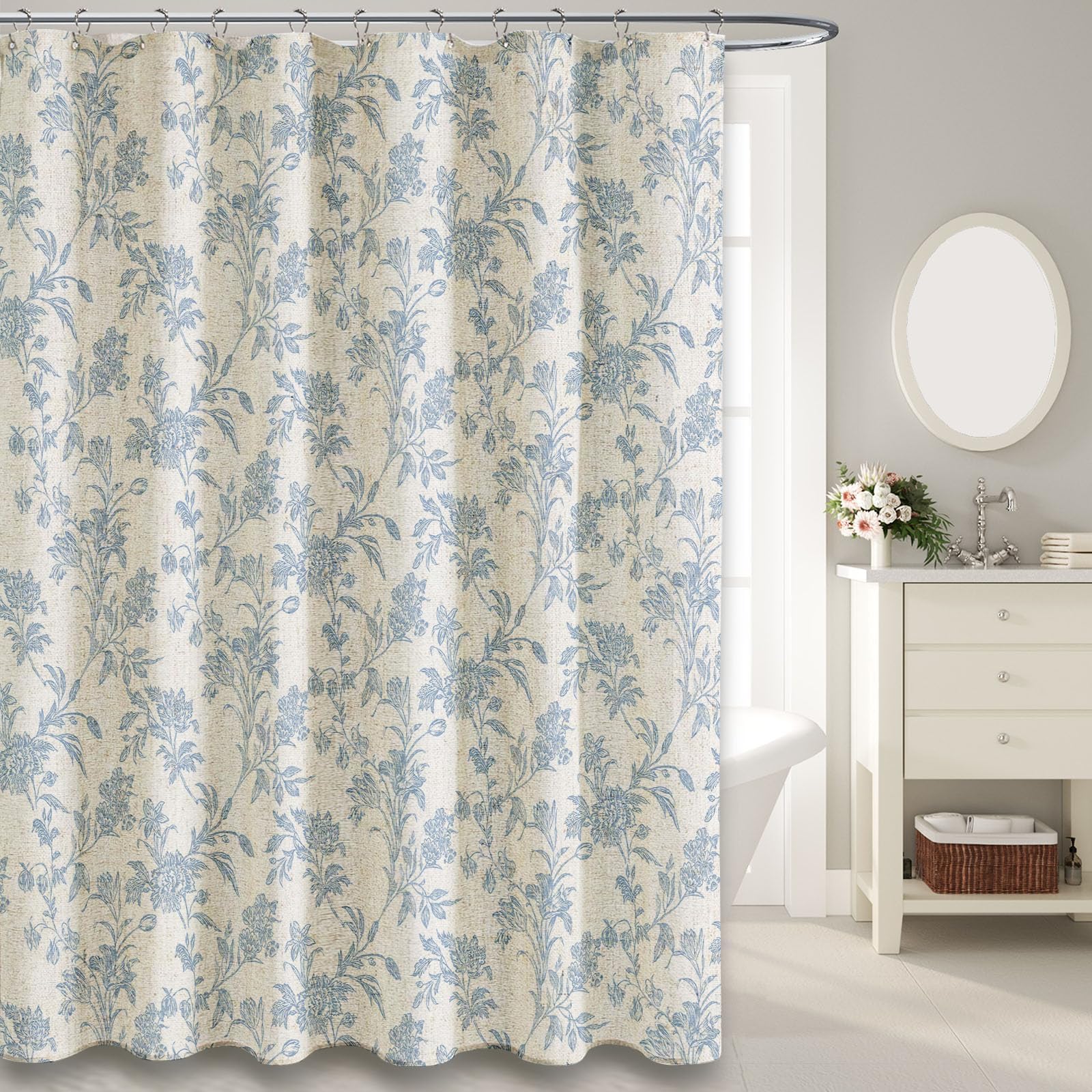 Photo 1 of WOUVMA Blue Stall Shower Curtain Floral Cotton Linen Cottagecore Shower Curtain for Bathroom 72" L x 36" W