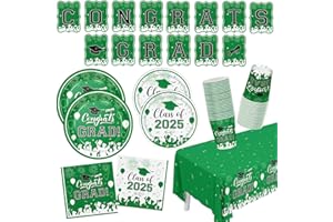 XIENBLOC Graduation Party Plates Napkins Class of 2025 Green Disposable Paper Dinnerware Set Cups Tablecloth Banner for Congrats Grad Party Decorations Serve 25