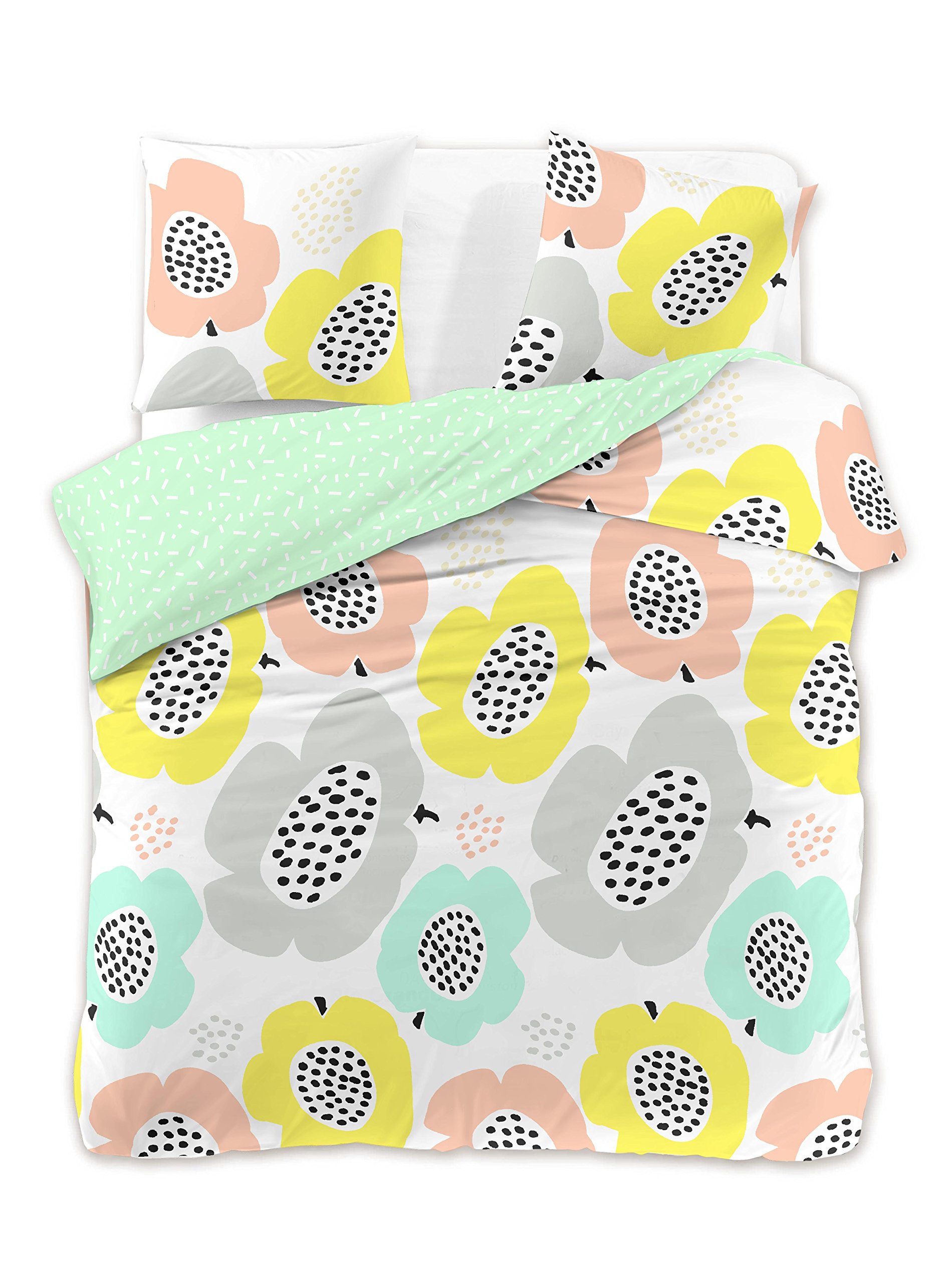 DecoKing Bed Linen 200 x 200 cm, 2 x Pillow Cases 80 x 80 cm, Floral Design, Mako Satin Cotton Reversible Duvet Cover, Ducato Poppy Peppermint, Salmon Grey Yellow