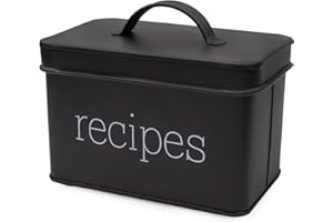AuldHome Design Farmhouse Enamelware Recipe Box (Black); Vintage Style Metal Recipe Holder and Organizer for 4 x 6 Inch Recip