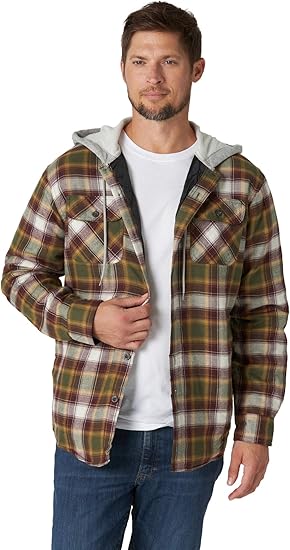 authentics men's long sleeve quilted lined flannel jacket with hood