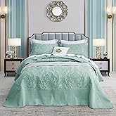 CHIXIN Oversized King Bedspread 128x120 Extra Wide - Lightweight Bedding Cover - Beautiful Stitching - 5 Piece Reversible Bedspread - Gorgeous Damask Paisley Pattern (King/Cal King, Seaglass)