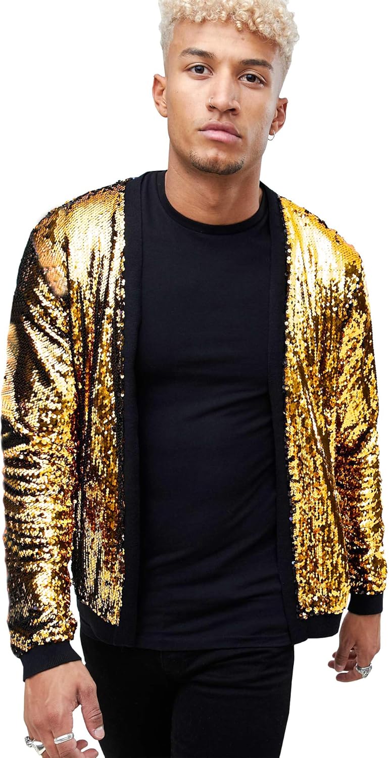 Pacinoble Mens Cardigan All Over Sparkle Sequin Open Front Long Sleeve Jacket with Ribbed Cuffs at  Men’s Clothing store