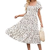 Summer Casual Floral Dresses for Women Beach Vacation Midi Sundresses Short Sleeve Square Neck Boho Flowy Smocked Dress