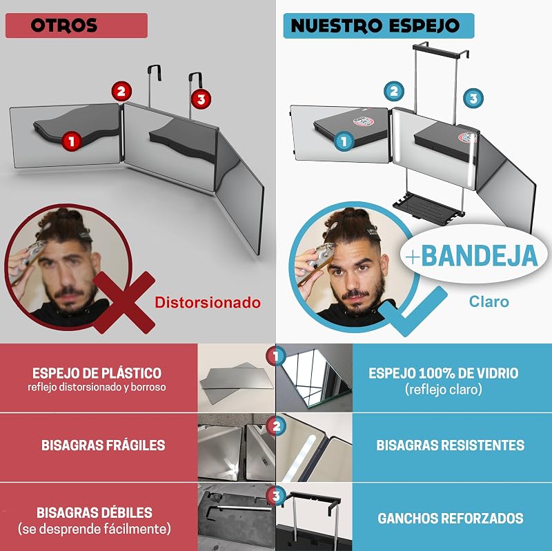 Espejo 3 Caras LED + Soporte Bandeja - Cortarse el Pelo y Barba Solo — foto 3 de 8