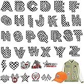 Xandova 62 Pcs Checkered Letter Iron on Patches, Racing Flag Embroidered Applique Sew on Patches for Clothes Backpacks Bags Hats Jackets