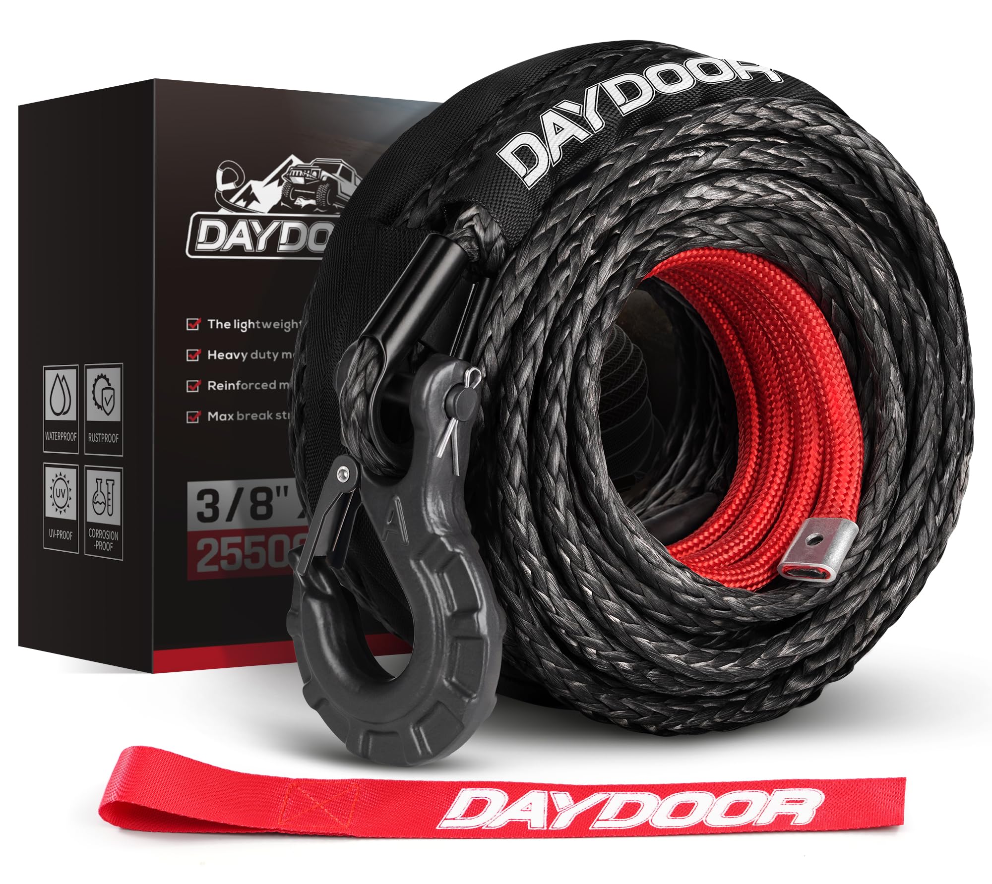 Photo 1 of DAYDOOR Synthetic Winch Rope, 3/8 Inch x 92ft 25,500 LBS Synthetic Winch Line, Synthetic Winch Cable for Offroad Vehicle 4WD SUV Jeep, Synthetic Rope with Forged Winch Hook(Gray)