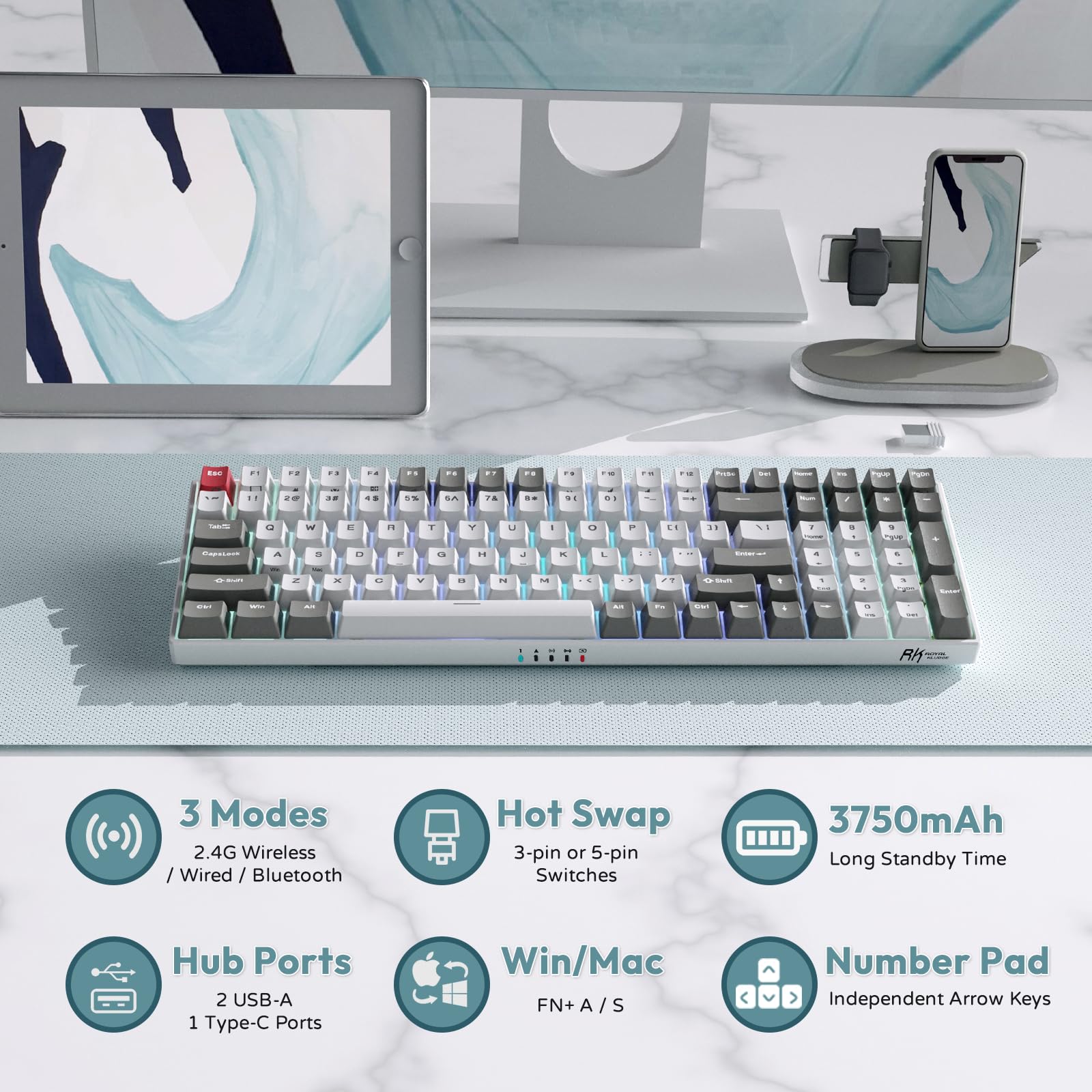 RK ROYAL KLUDGE RK100 Wireless Mechanical Keyboard RGB Backlit Bluetooth5.1/2.4G/Wired 96% Full Size 100-Key Hot Swappable Gaming Keyboard Brown Switch Carbon