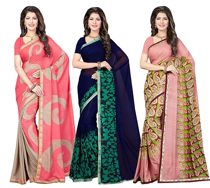 Combo of 3 Poly Georgette Multicolor Printed Womens Lace Saree With Blouse Piece