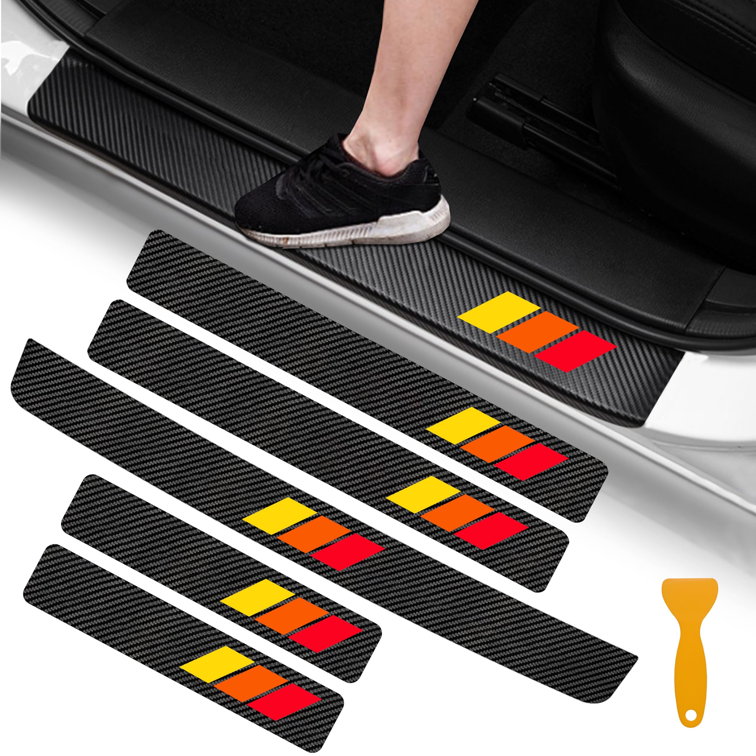 Photo 1 of YOSRTER 5PCS Door Sill Guard Stickers Fit for Toyota Accessories Tacoma 4Runner Tundra TRD Rav4 Highlander Tri-Color Fiber Leather Door Sill Protector (Red/Orange/Yellow)