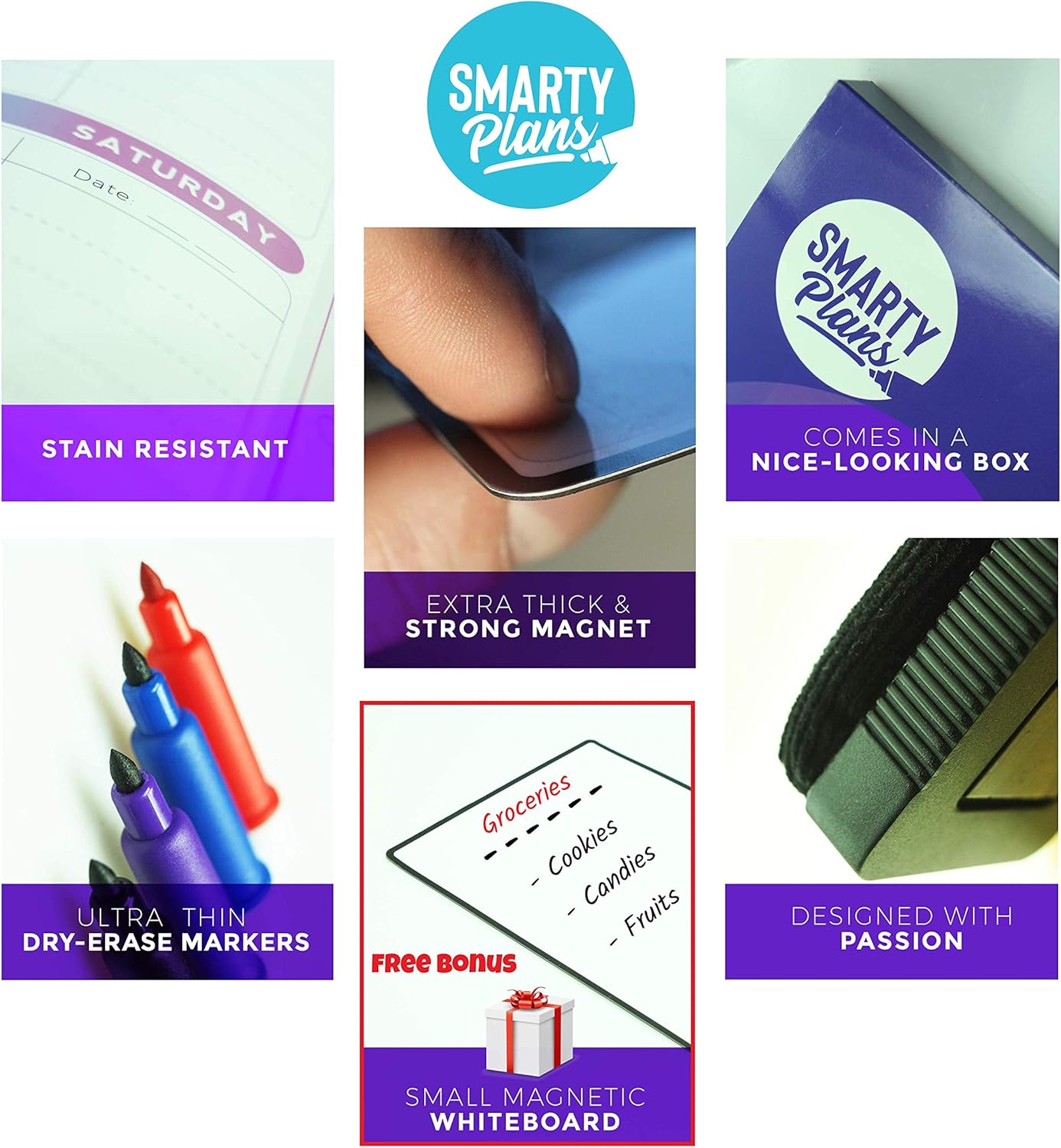 SmartyPlans Dry Erase Weekly Extra Thick Magnetic Calendar for Refrigerator: 17x13" Two Week Planner and 6x9" White Board, 4 Fine Tip Markers and Eraser with Magnets. Stain Resistant. Shipped Flat. : Office Products