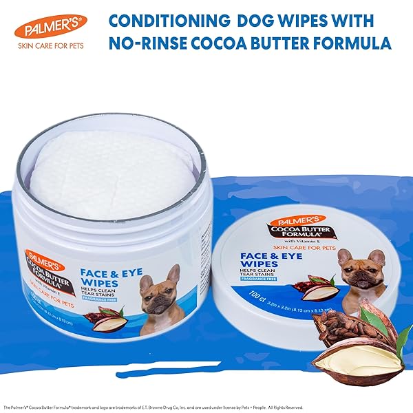 PALMER’S FOR PETS FACE AND EYE WIPES WITH COCOA BUTTER AND VITAMIN E, DOG EYE CLEANING AND CARE, SPECIALLY FOMULATED FOR DOGS, 100CT
