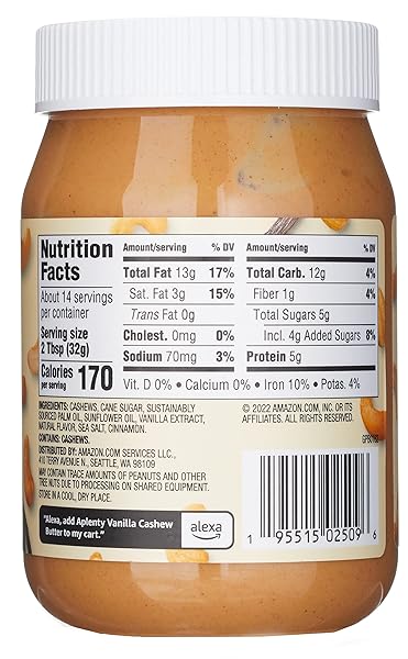 AMAZON BRAND – APLENTY, VANILLA CASHEW BUTTER, 16 OZ