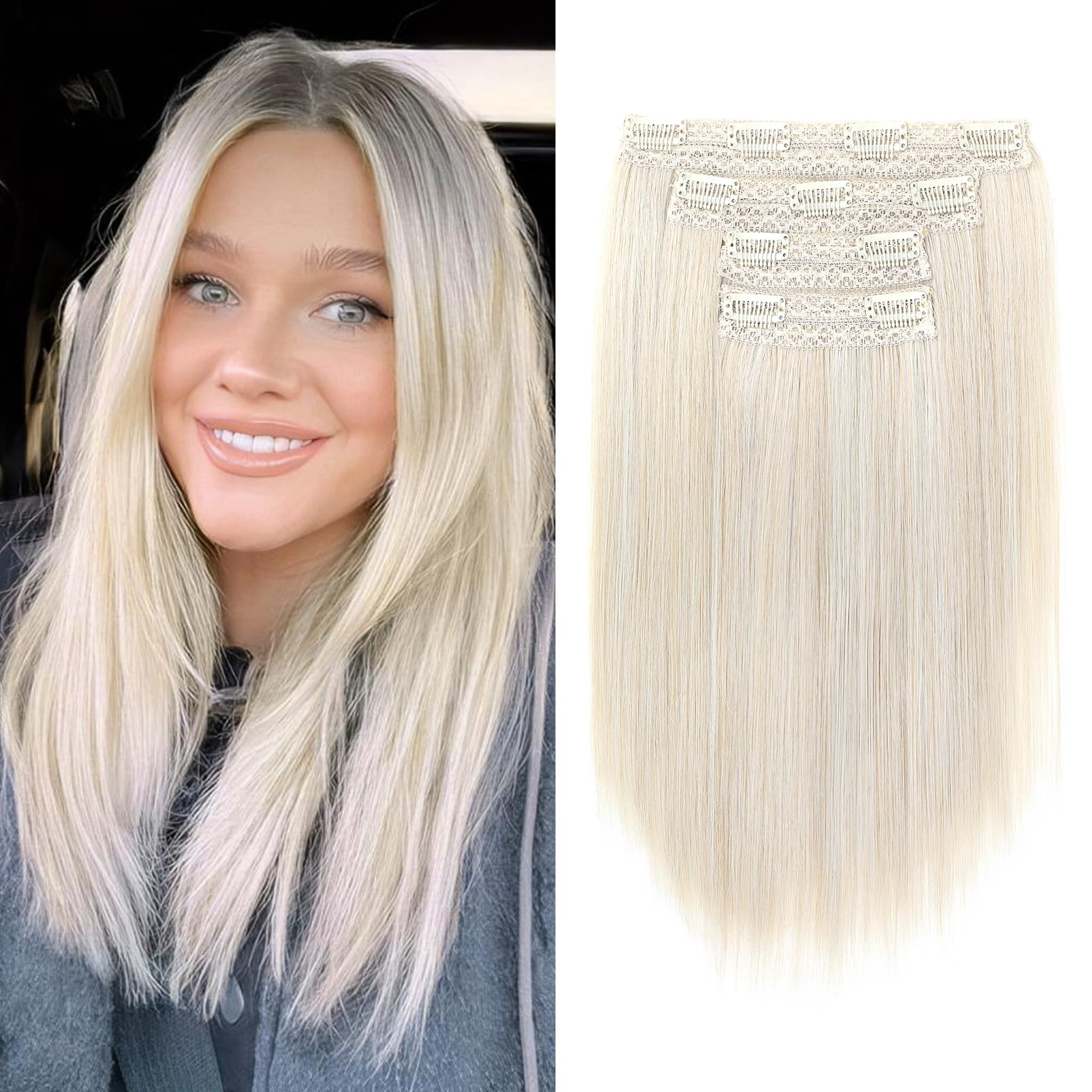 Photo 1 of NTYNTY Hair Extensions, 14" Short Clip in Hair Extensions 4PCS Straight Natural Soft Synthetic Hairpiece for Women - Pearl Blonde