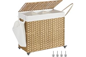 SONGMICS Laundry Hamper with Lid, 42.3 Gallons (160 L), Rolling Laundry Basket with Wheels, 3-Section Synthetic Rattan, Removable Liner, Bedroom, 27.6 x 14.2 x 26 Inches, Natural ULCB365N01