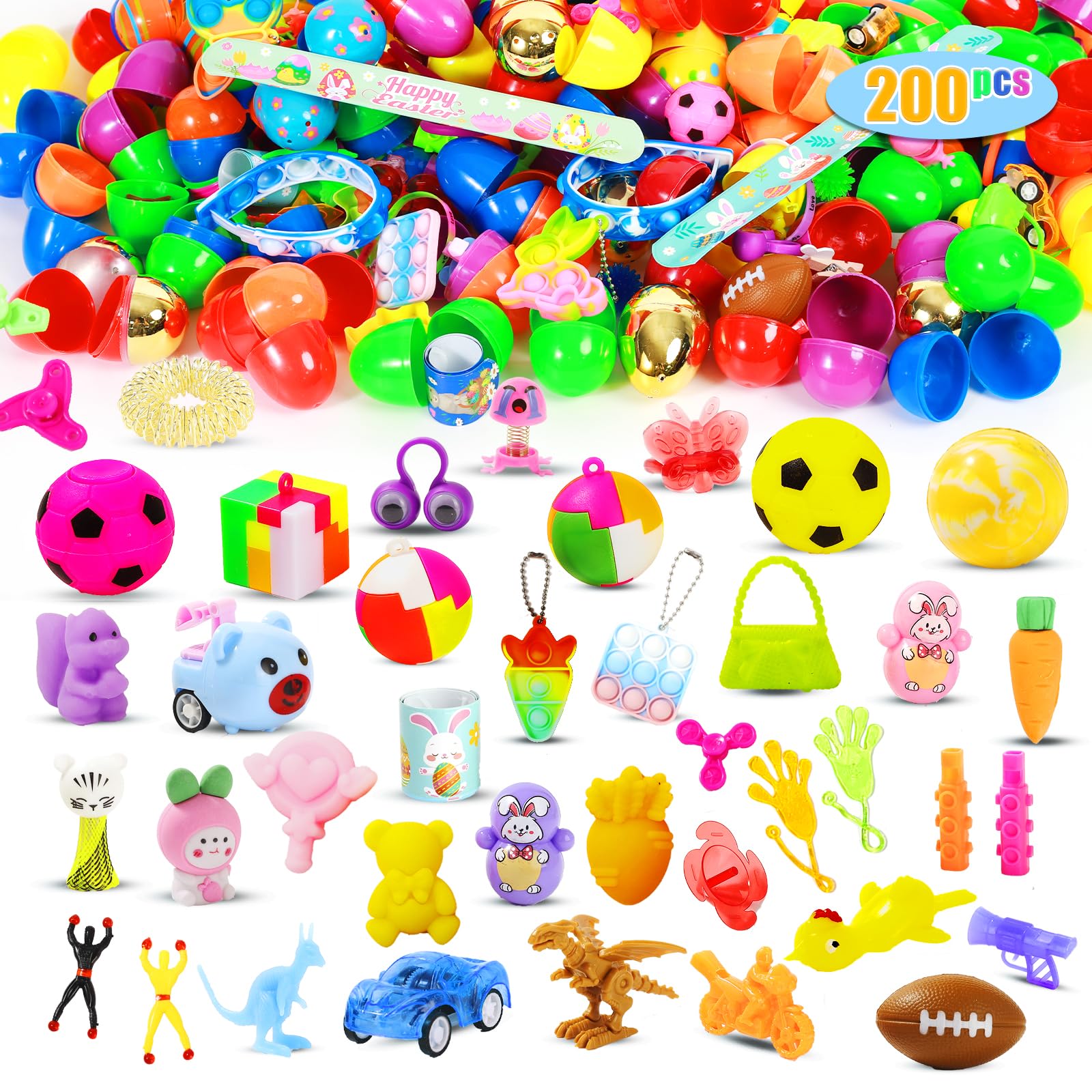 SINFOX 200 Pcs Prefilled Easter Eggs with Toys Inside,Easter Basket Stuffers Gifts in Surprise Eggs,Prizes Classroom Events,Gifts Bulk Fillers,Easte Party Favors