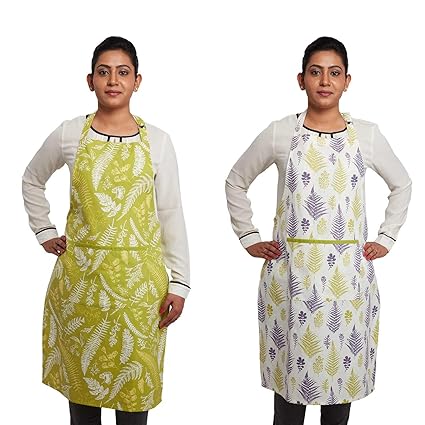 Amazon Brand - Solimo 100% Cotton Kitchen Apron Set, Ferns (Pack of 2, Green and White)