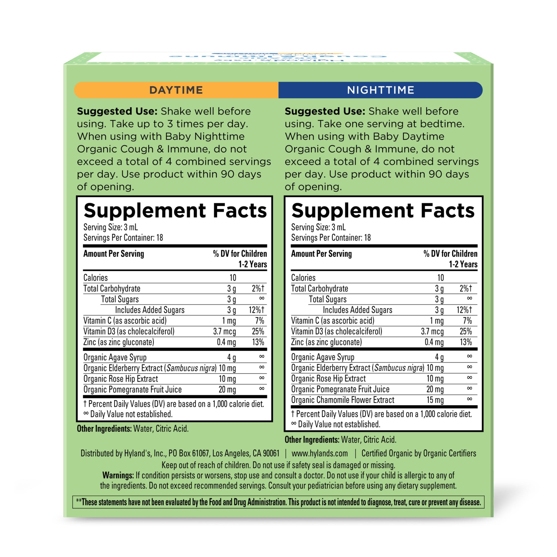 Hyland's Baby Organic Cough Syrup and Immune Support Day and Night Combo Pack, Eases Coughs, Supports Immunity, Promotes Sleep, Two 2 Fl Oz. Bottles (4 fl oz)