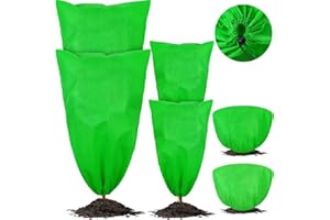 Hahood 6 Packs Green Plant Covers Freeze Protection Thicken Winter Drawstring Plant Covers Warm Blankets Shrub Covers Frost Blankets Jacket for Outdoor Plant, 3 Sizes