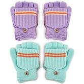 F Flammi Kids Winter Knitted Mitten Gloves Convertible Fingerless Gloves with Cover for Teen Boys Girls Aged 5-10, 2 Pairs
