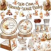 Yingoto 163pcs Bear Baby Shower Decorations Tableware Set, for 20 Guests | Pre-strung glitter banner, Disposable 350g thick paper plates, HD printed cake decor, Waterproof tablecloth, Disposable