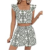 SweatyRocks Women's 2 Piece Sets Ruffle Sleeve Crop Top and Shorts Summer Vacation Outfits