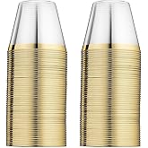 EASERCY 100 Plastic Cups 9 Oz Gold Old Fashioned Tumblers Rimmed for Party Decorations Disposable Clear Wedding Elegant