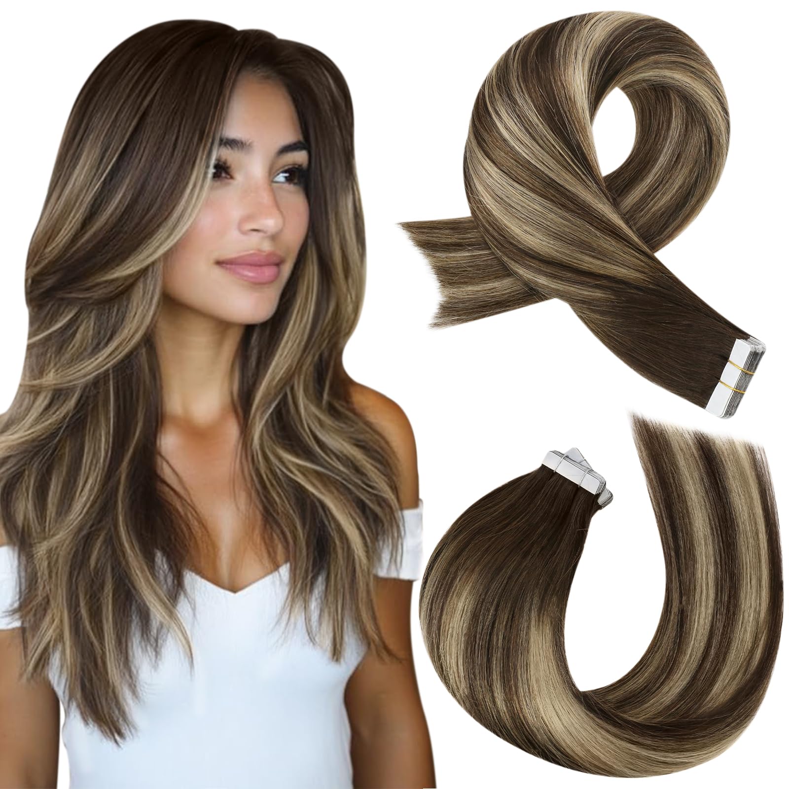 Moresoo Tape in Hair Extensions Human Hair 16 Inch Ombre Brown Tape Hair Extensions Human Hair Balayage Dark Brown and Caramel Blonde 20 Pieces/50G #4/27/4