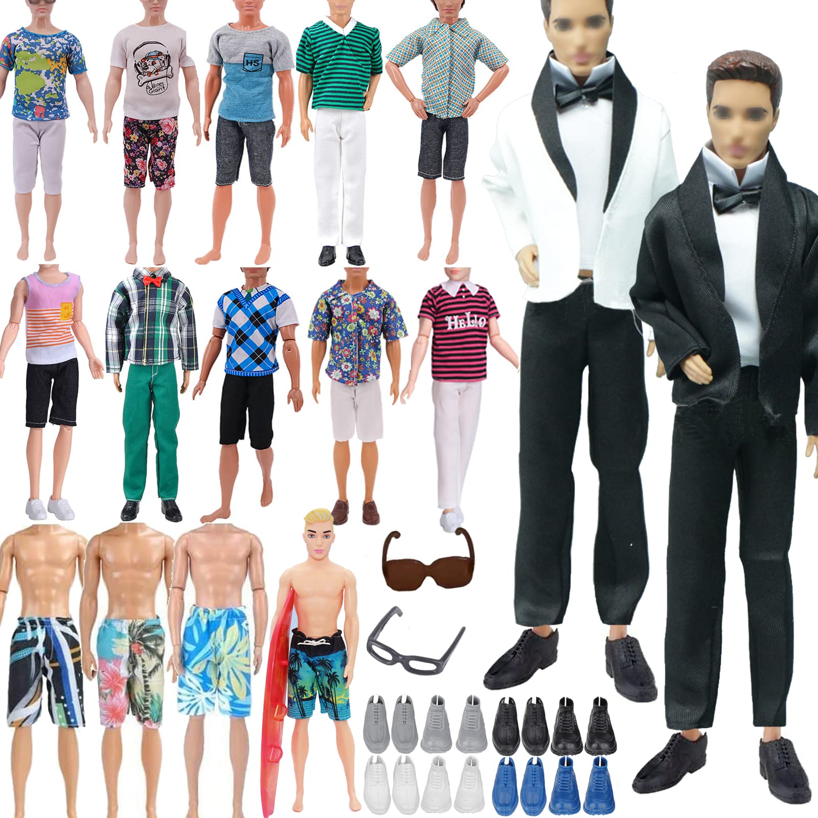 23 PCS Doll Clothes Compatible with Ken Dolls Clothes and Accessories Set, Including 1 Suit,5 Tops 5 Pants, 2 board shorts, 8 Shoes 1 Glasses and 1 Surfboard(Random Style)