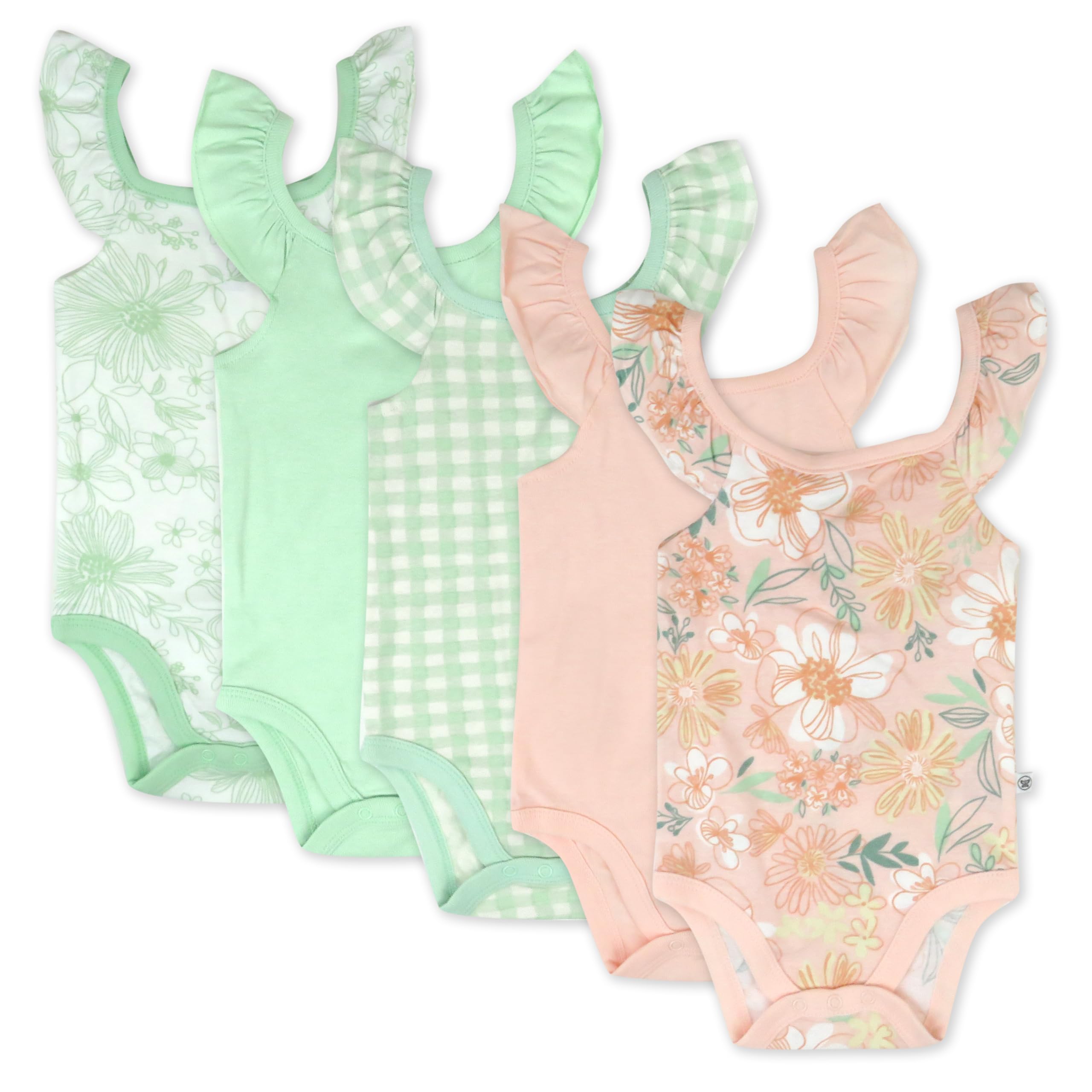 HonestBaby Ruffle Sleeve Bodysuit One-piece 100% Organic Cotton for Baby Girls, 5-Pack Peach Blossom Floral, Newborn