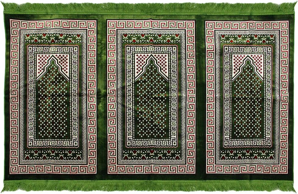 Hijaz Green Greek Key Design Family Sajada Prayer Rug Large Three Person Prayer Rug