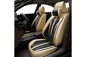 ASLONG 5PCS H7 Front and Back Car Seat Covers Auto Interior Accessories with Water Proof Nappa Leather for Cars SUV Pick-up Truck Universal Comfortable and Breathable (Full Set, Black&Beige)