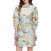 Kedera Women's Jacquard Dress Long Puff Sleeves Shift Mini Elegant Floral Dress Summer Business