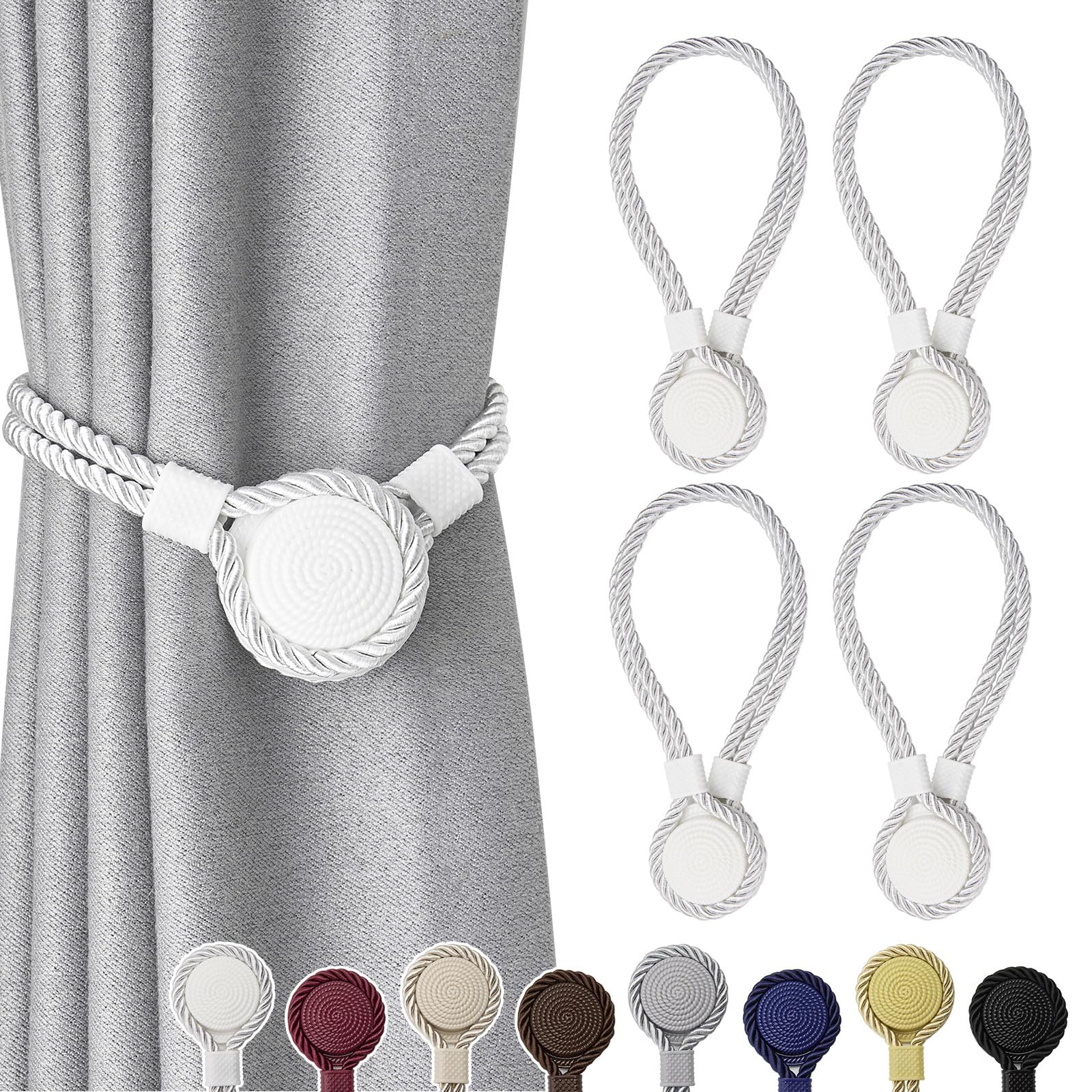 Pretty Jolly 4 Pack Strong Magnetic Curtain Tiebacks Unique Medal shape Decorative Drape Tie Backs Elegant Hand-Woven Rope Curtain Holdbacks for Home & Office Draperies Decor (White)