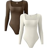 OQQ Women's 2 Piece Bodysuits Sexy Ribbed One Piece Square Neck Long Sleeve Tops