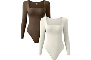 OQQ Women's 2 Piece Bodysuits Sexy Ribbed One Piece Square Neck Long Sleeve Tops