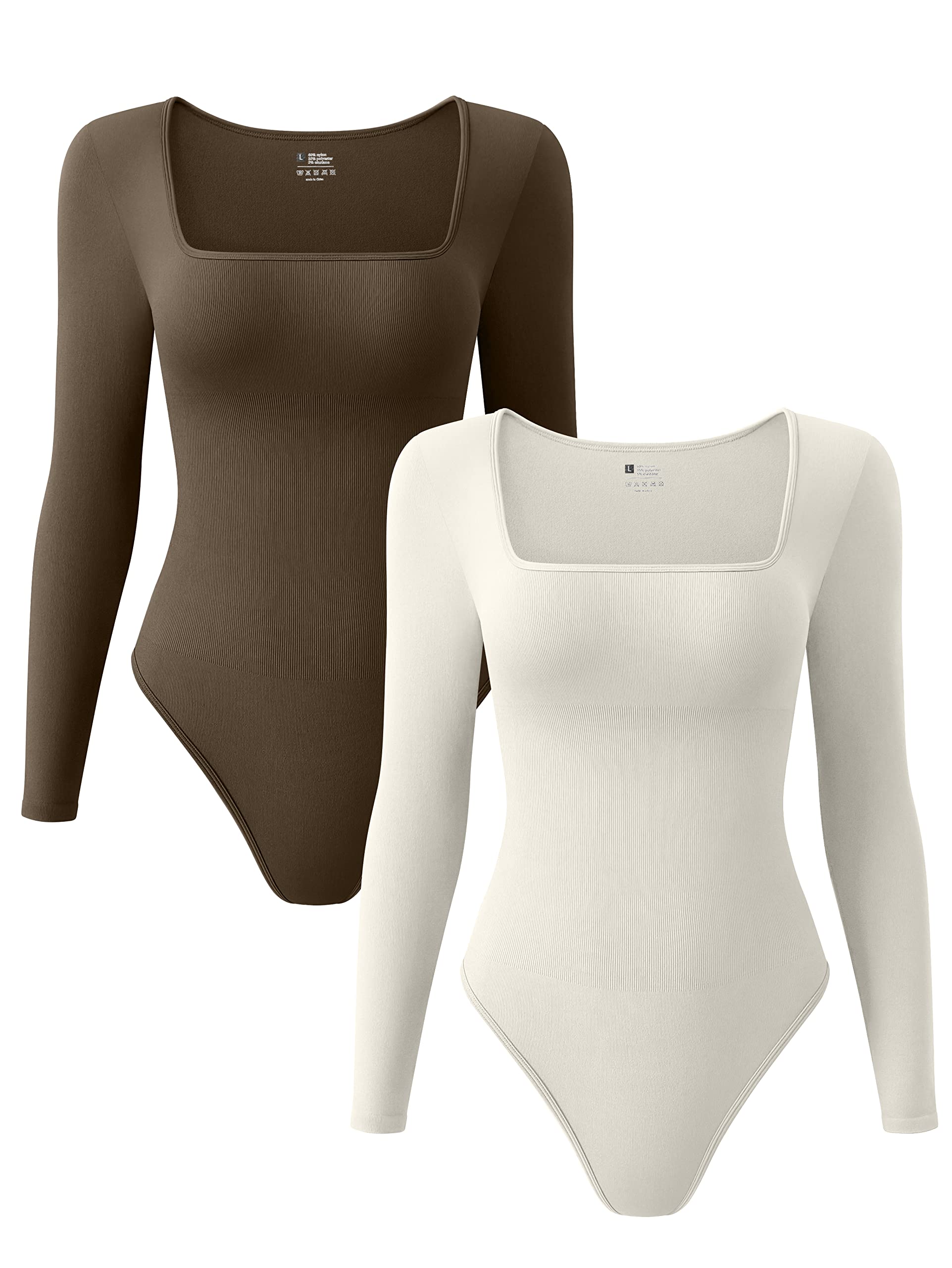 Photo 1 of OQQ Women's 2 Piece Bodysuits Sexy Ribbed One Piece Square Neck Long Sleeve Tops Coffee Beige