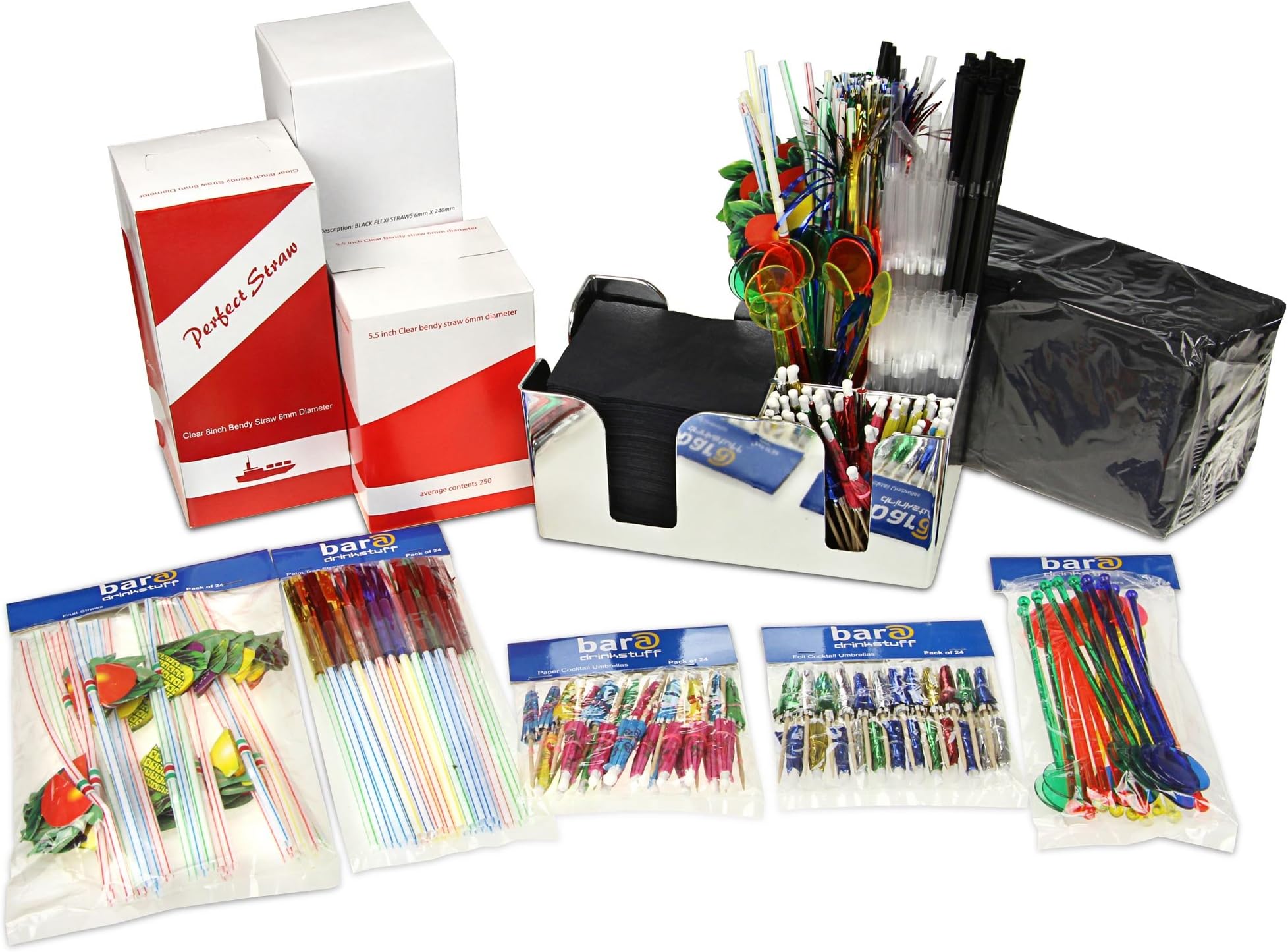 drinkstuff Plastic Chrome Bar Caddy Starter Kit - Bar Caddy with Napkins and Cocktail Decorations & Straws
