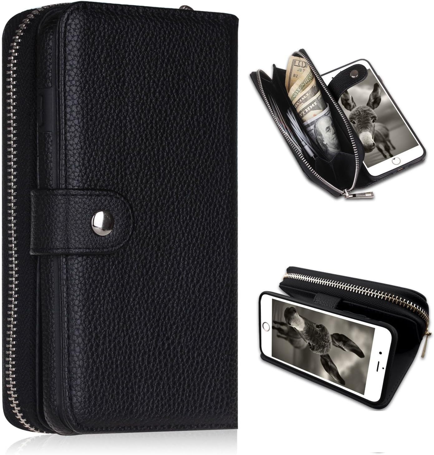 iPhone 6/6s Plus Wallet Case,YSJT Magnets Detachable Credit Card Slots with Zipper Classic Fashionable Cover Flip Premium PU Leather for iPhone 6/6s Plus 5.5 inch (Black)