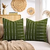 cygnus Striped Textured Throw Pillow Covers 18x18 Inch Farmhouse Decorative Pillow Cases for Couch Living Room Bed, Set of 2 Rustic Pillowcovers for Modern Farmhouse Home Decor,Green and White