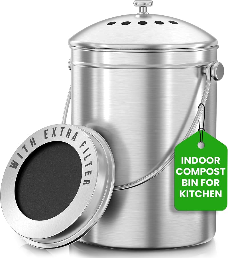 Utopia Kitchen Stainless Steel Compost Bin 1.3 Gallon with Charcoal Filter