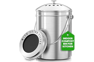 Utopia Kitchen Indoor Compost Bin Kitchen, Odorless Composting with Charcoal Filter, 1.3 Gallon Stainless Steel Large Composter for Countertop & Under Sink, Easy Cleaning, One Extra Filter - (Silver)