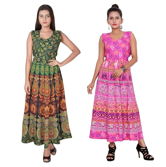 Women's Cotton Jaipuri Long Maxi Dress Combo (Multicolour, Free Size) -Set of 2