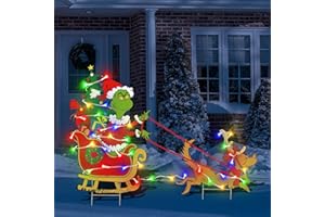 FLOWERHERD Outdoor Christmas Decorations for Yard - 2pcs Plastic Sleigh Dog Gnome Christmas Yard Signs with Yard Stakes, String Lights for Garden Yard Lawn Xmas Party Supplies
