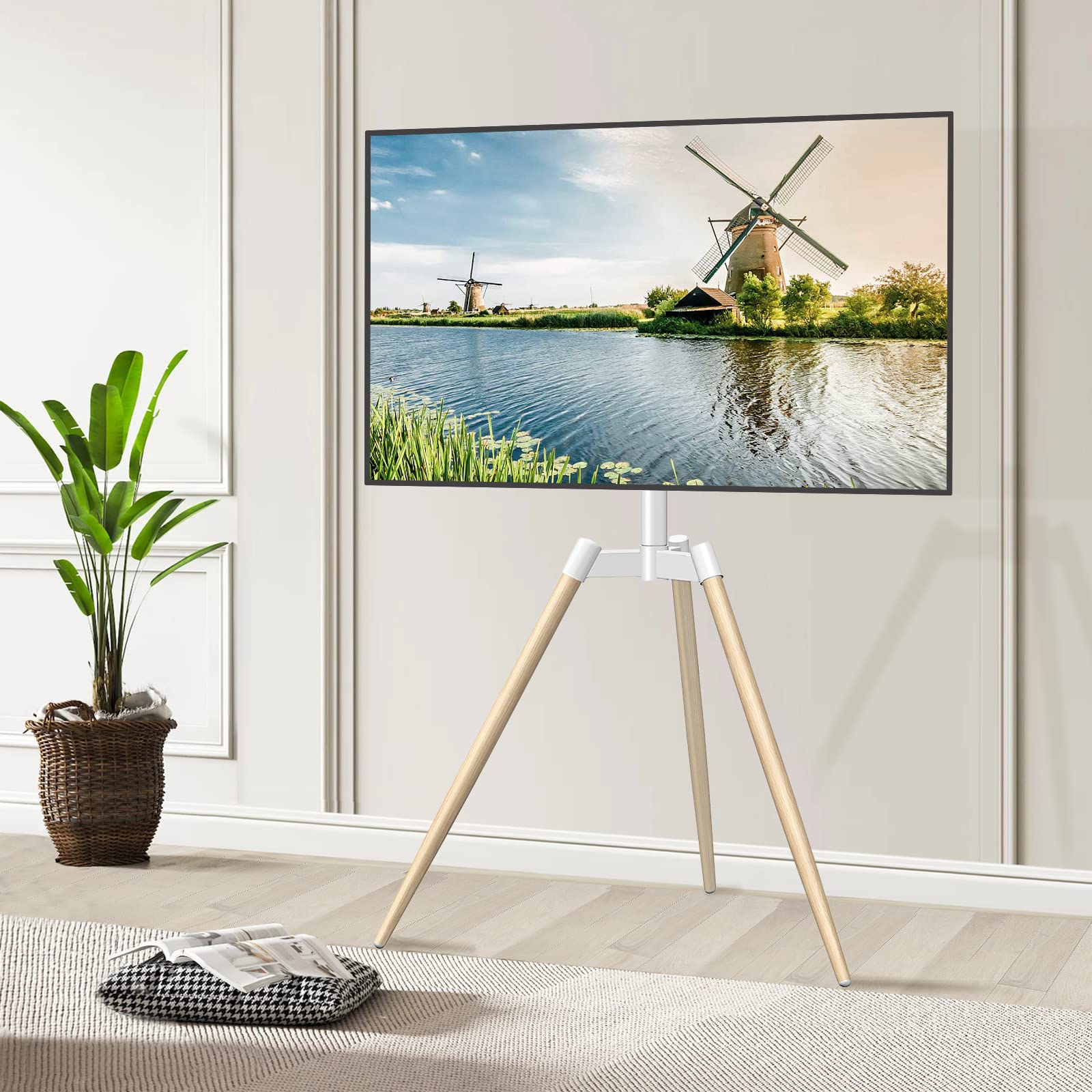 TVON Tripod Easel TV Stand for 37–65 Inch LED LCD Flat/Curved Screen TVs up to 77 lbs, Height Adjustable Corner TV Stand with Cable Management and 180° Swivel for Bedroom, Living Room, Studio, White